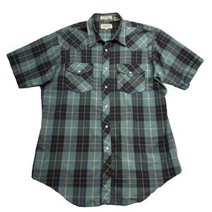 Sheplers Shirt Mens Large Green Plaid Western Pearl Snap‎ Short Sleeve Pockets